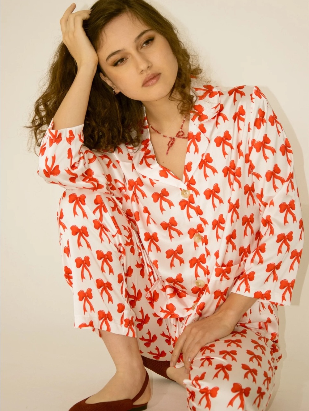 Washable Silk Red Bow Coquette Print Pajama Set